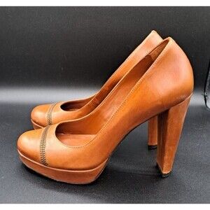 Cole Haan Brown Leather Platform Round Toe Heels Pumps Zipper Accent Size 8 1/2B